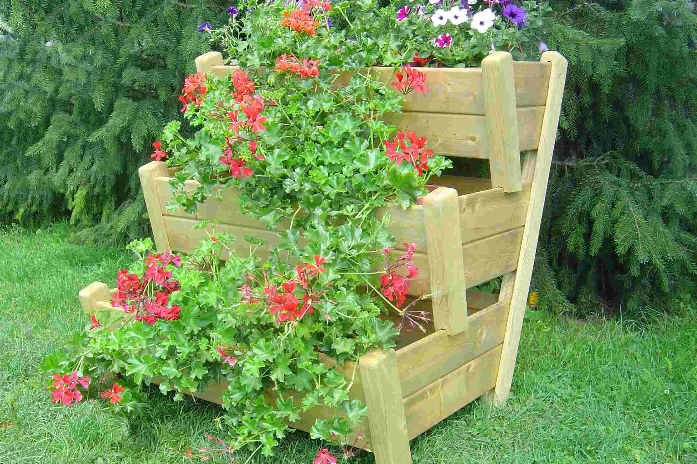 Blumenleiter Eine bepflanzte Blumenleiter aus Holz